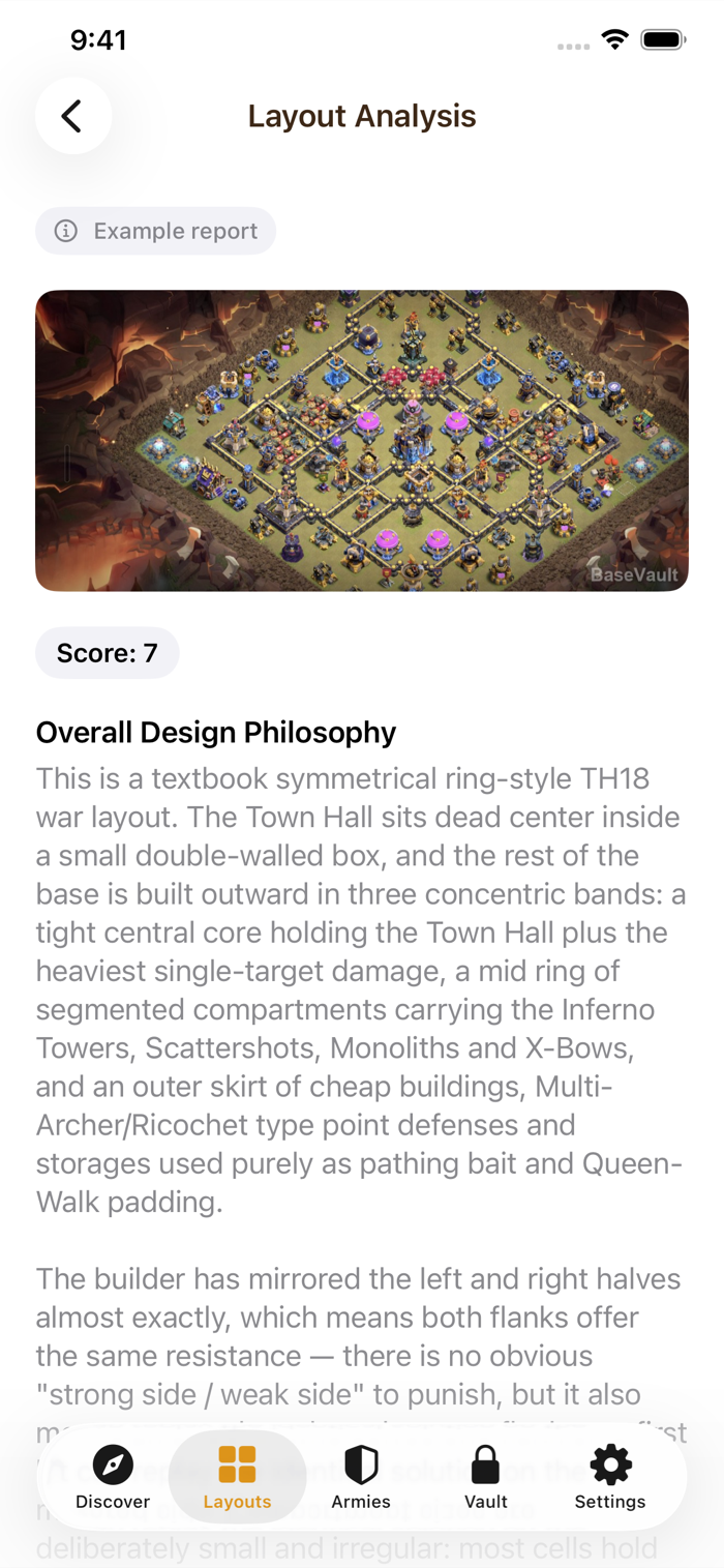 An AI Layout Analysis report scoring a Town Hall 18 war base and explaining its design