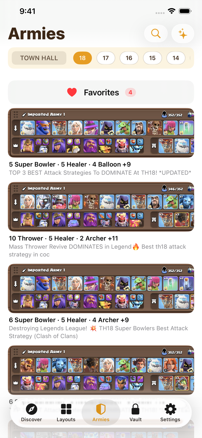 Armies, filtered to Town Hall 18