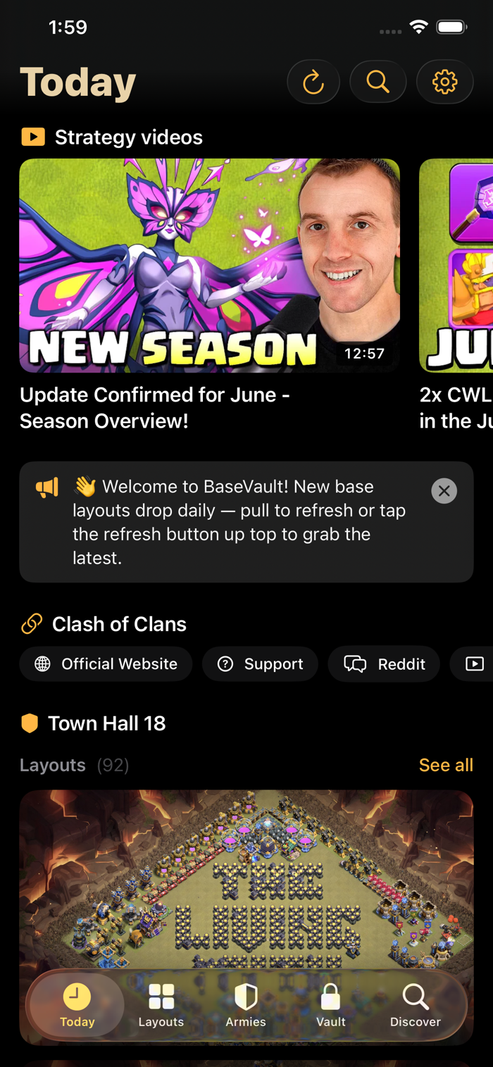 The Today feed: strategy videos and fresh Town Hall 18 layouts
