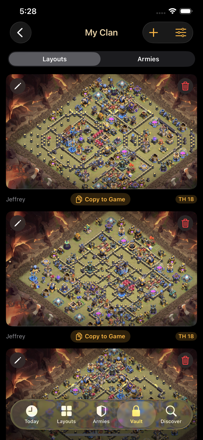 A clan Vault holding saved war bases, each with a Copy to Game button